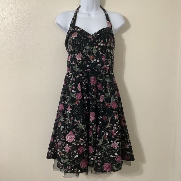 Hot Topic Black Novelty Bug Print Gothic Pin Up Rockabilly Halter Swing Dress M - Picture 1 of 10